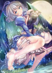 1girl ahoge ainu_clothes angel_wings aquaplus arm_between_legs ass bare_legs barefoot black_wings blue_eyes blush breasts cleavage closed_mouth covered_erect_nipples curvy feathered_wings feet fingernails floating from_side full_body glowing glowing_hair glowing_wings grass grey_hair hair_between_eyes highres hill huge_breasts camyu oversized_wings levitation long_sleeves looking_to_the_side moon night night_sky official_art ogata_tei see-through_clothes see-through_skirt short_hair sideboob sidelocks skirt sky smile solo sparkle star_(sky) starry_sky thighs toes transparent_wings utawarerumono utawarerumono:_lost_flag utawarerumono:_lost_flag_support_illustration_relay water water_drop wet wet_clothes wings