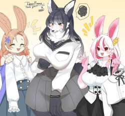 3girls ^_^ absurdres animal_ears blush braid breasts closed_eyes commentary_request commission embarrassed flower furry furry_female gradient_background gradient_hair grey_hair grey_skirt hair_flower hair_ornament highres holding holding_unworn_clothes large_breasts long_hair low_twin_braids multicolored_hair multiple_girls orange_hair original rabbit_ears rabbit_girl red_eyes school_uniform serafuku shirt side_braid skeb_commission skirt snout twin_braids white_hair white_shirt wolf_ears wolf_girl yellow_background yellow_eyes zakro