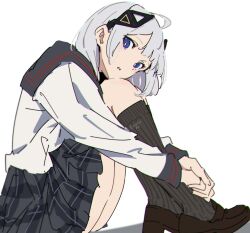 1girl atenaba black_sailor_collar black_socks blue_eyes blue_pupils brown_shoes cevio chromatic_aberration full_body grey_skirt hair_ornament highres hugging_own_legs kafu_(cevio) loafers long_sleeves looking_at_viewer medium_hair parted_lips plaid_clothes plaid_skirt pleated_skirt sailor_collar school_uniform serafuku shadow shirt shoes simple_background sitting skirt socks solo white_background white_hair white_shirt