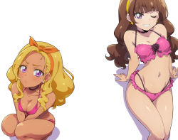 Rule 34 | 2girls, amamiya elena, amanogawa kirara, arm support, bikini, black choker, black flower, black rose, blunt bangs, blush, breasts, breasts squeezed together, brown hair, choker, collarbone, dark-skinned female, dark skin, earrings, flower, frilled bikini, frills, go! princess precure, grin, hairband, hairu, heart, heart earrings, highres, jewelry, leaning back, long hair, looking at viewer, low twintails, medium breasts, mole, mole under eye, multi-strapped bikini, multiple girls, nail polish, navel, one eye closed, orange hairband, pink bikini, precure, purple eyes, rose, side-tie bikini bottom, simple background, sitting, smile, squatting, star (symbol), star earrings, star twinkle precure, swimsuit, tan, twintails, v arms, white background, yellow hairband