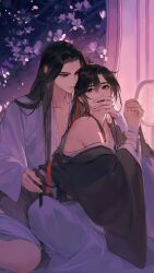 2boys bishounen black_hair black_hanfu blush bound bound_wrists branch chinese_clothes closed_mouth collarbone couple covering_another&#039;s_mouth curtains flower grey_eyes hair_ribbon hand_on_another&#039;s_face hand_on_another&#039;s_hip hanfu hickey highres indoors lan_wangji long_hair long_sleeves looking_at_another lying lying_on_lap lying_on_person male_focus modao_zushi multiple_boys non-web_source off_shoulder official_art on_bed on_stomach open_mouth ponytail red_ribbon ribbon robe round_window saliva single_bare_shoulder sitting sleeves_past_wrists smile tongue tongue_out wei_wuxian white_flower white_hanfu wide_sleeves window yaoi yellow_eyes