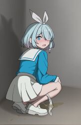 arona_(blue_archive) blue_eyes blue_hair blue_shirt blush bow embarrassed looking_at_viewer panties panty_pull peeing shirt shoes skirt underwear white_panties white_shoes white_skirt