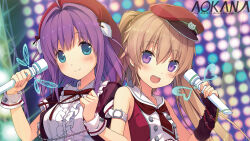 2girls :d ahoge ao_no_kanata_no_four_rhythm aqua_eyes arisaka_mashiro bare_shoulders blush breasts brown_hair buttons closed_mouth commentary copyright_name double-breasted english_commentary hair_between_eyes hair_intakes hands_up hat holding holding_microphone long_hair looking_at_viewer microphone multiple_girls neck_ribbon official_art open_mouth purple_eyes purple_hair red_hat red_ribbon red_shirt ribbon satouin_reiko second-party_source shirt short_sleeves sleeveless sleeveless_shirt smile suzumori white_wrist_cuffs wrist_cuffs