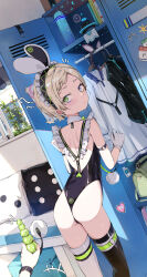 1girl 1other absurdres anal_beads anal_tail animal_ears arm_strap ass asymmetrical_legwear black_leotard black_thighhighs blonde_hair blue_eyes butt_plug detached_collar dress dutch_angle fake_animal_ears fake_tail frills from_behind gloves green_eyes heterochromia highres holding indoors leotard liclac locker looking_back maid_headdress mismatched_legwear original pillow short_hair shoulder_blades solo_focus standing sweatdrop tail thigh_strap thighhighs thong_leotard white_dress white_gloves white_thighhighs