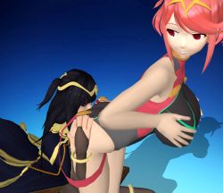 10s 2girls 3d arched_back armor ass ass_grab black_hair black_leotard black_one-piece_swimsuit bodystocking bodysuit bracelet breasts breasts_squeezed_together bridal_gauntlets cape central-tides competition_swimsuit crossover eyeshadow face_in_ass female_focus fire_emblem fire_emblem_awakening fire_emblem_warriors gradient_background green_one-piece_swimsuit hair_ornament highres hime_cut jewelry large_breasts leotard long_hair looking_back makeup matching_hair/eyes multicolored_background multiple_girls nail_polish naughty_face nintendo on_table one-piece_swimsuit pyra_(xenoblade) red_eyes red_hair red_leotard red_one-piece_swimsuit see-through_clothes shadow short_hair sitting sitting_on_face sitting_on_person skin_tight smile squeezing standing swept_bangs swimsuit table tharja_(fire_emblem) tiara xenoblade_chronicles_(series) xenoblade_chronicles_2 xnalara yuri