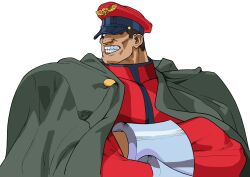 1boy angry bengus clenched_teeth cloak crossed_arms evil_grin evil_smile game_cg grin hat highres looking_to_the_side m._bison male_focus muscular muscular_male no_pupils non-web_source official_art open_mouth peaked_cap portrait simple_background smile solo street_fighter street_fighter_zero_(series) teeth upper_body white_background white_eyes