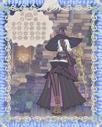 1girl 1other absurdres bibuo black_skin book book_stack border colored_skin elden_ring elden_ring_nightreign full_body gameplay_mechanics gladiator_sandals grey_eyes hat highres holding holding_book in-universe_location large_hat living_jar_(elden_ring) long_hair ornate_border plant purple_sleeves recluse_(elden_ring) sandals sitting thinking white_hair witch witch_hat