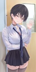 1girl absurdres belt_collar black_collar black_hair black_necktie black_skirt blush breast_pocket breasts closed_mouth collar collared_shirt door earrings grey_eyes heart highres jewelry motion_lines necklace necktie norio_(noriosub) original pleated_skirt pocket school_uniform shirt short_hair skirt smile solo thighhighs tomboy white_shirt