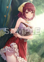 1girl atelier_(series) atelier_resleriana atelier_resleriana:_the_red_alchemist_&amp;_the_white_guardian atelier_sophie blush looking_at_viewer official_art rain red_hair red_skirt sample_watermark skirt sophie_neuenmuller tree watermark wet wet_clothes wringing_clothes