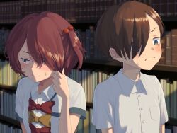 1boy 1girl absurdres blush boku_no_kokoro_no_yabai_yatsu bookshelf bow bowtie brown_eyes brown_hair closed_mouth collared_shirt commentary_request crossover hair_bobbles hair_ornament highres hyakusyo69 ichikawa_kyoutarou komari_chika make_heroine_ga_oo_sugiru! one_side_up playing_with_own_hair red_bow red_bowtie red_hair ringed_eyes school_uniform shirt short_hair short_sleeves summer_uniform sweat tsuwabuki_high_school_uniform upper_body white_shirt yellow_bow yellow_bowtie