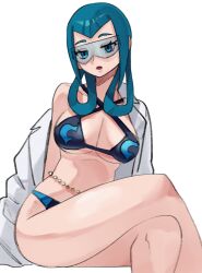 1girl 2025 absurdres ass bare_shoulders bikini black_bikini blue_trim breasts closed_mouth commentary criss-cross_halter crossed_legs english_commentary expressionless feet_out_of_frame female_focus halterneck highres lab_coat large_breasts looking_back mable_(pokemon) nintendo official_alternate_costume pokemon pokemon_legends:_z-a red_lips sitting solo swimsuit thick_thighs thighs undressing wanderjegson