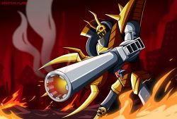 Rule 34 | digimon, fire, gokumon, gun, highres, horns, red eyes, skull, spikes, weapon