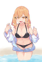 1girl bang_dream! bikini black_bikini blonde_hair blue_jacket blush hair_ornament highres ichigaya_arisa in_water jacket jokarara legs_together open_mouth sand satin satin_bikini sweat swimsuit teeth tongue twintails unzipped water yellow_eyes zipper