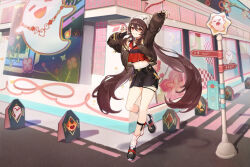1girl absurdres arm_up black_gloves black_nails black_skirt boo_tao_(genshin_impact) bright_pupils brown_hair brown_jacket crop_top fingerless_gloves flower-shaped_pupils full_body genshin_impact ghost gloves hair_between_eyes hair_ornament hand_up highres hu_tao_(galaxy_store)_(genshin_impact) hu_tao_(genshin_impact) jacket jewelry korean_text long_hair long_sleeves low_twintails midriff multiple_rings official_alternate_costume official_art open_clothes open_jacket open_mouth red_eyes red_shirt ring shirt shoes sidelocks skirt smile socks solo standing standing_on_one_leg symbol-shaped_pupils third-party_source twintails white_pupils white_socks