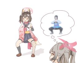 1boy 2girls absurdres animal_ears balancing_sasuke black_gloves blue_archive blue_sailor_collar brown_footwear brown_hair cameo elbow_gloves enobun3gyo eyeshadow fishnet_pantyhose fishnets fox_ears fox_hair_ornament fox_tail gloves grey_hair hadanugi_dousa halo highres izuna_(blue_archive) japanese_clothes kimono kuji-in makeup mcdonald&#039;s michiru_(blue_archive) multiple_girls naruto_(series) ninja open_clothes open_kimono open_mouth pantyhose pleated_skirt red_eyeshadow red_scarf sailor_collar scarf school_uniform serafuku shoes side_ponytail simple_background skirt smile speech_bubble tail thought_bubble twintails uchiha_sasuke white_background yellow_eyes
