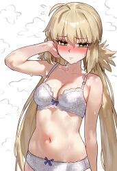 1girl absurdres ahoge arm_at_side artoria_caster_(fate) artoria_pendragon_(fate) averting_eyes blonde_hair blush bora bow bow_bra bow_panties bra breasts cleavage closed_mouth collarbone embarrassed facing_viewer fate/grand_order fate_(series) flying_sweatdrops green_eyes hand_on_own_face hand_up highres lace lace_bra lace_panties long_hair low_twintails medium_breasts navel non-web_source panties sidelocks solo standing steaming_body stomach sweat twintails underwear underwear_only white_background white_bra white_panties