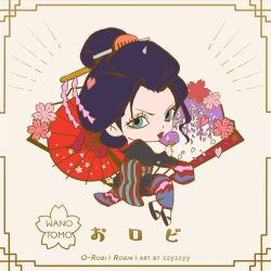 Rule 34 | 1girl, artist name, blue eyes, blue hair, character name, chibi, commentary, eyelashes, flower, full body, geisha, hair ornament, hand fan, holding, holding fan, japanese clothes, kanzashi, kimono, looking at viewer, nico robin, nico robin (wano), nihongami, obi, oil-paper umbrella, one piece, petals, pink petals, red lips, sash, sidelocks, solo, umbrella, wide sleeves, zzyzzyy