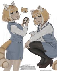1girl :d aggressive_retsuko anajudraws animal_ears artist_name black_eyes black_pantyhose blue_skirt brown_footwear cellphone hand_on_own_knee high_heels humanization long_sleeves looking_at_viewer medium_hair multicolored_hair multiple_views open_mouth pantyhose paper pencil_skirt phone retsuko skirt smartphone smile squatting standing streaked_hair tail thick_eyebrows white_background