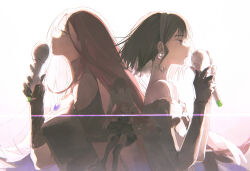 2girls absurdres alien_stage black_dress black_gloves black_hair chinese_commentary commentary dress earrings gloves hairband highres holding holding_microphone jewelry long_hair microphone mizi_(alien_stage) multiple_girls open_mouth pearl_earrings pink_hair purple_eyes short_hair sijimao sua_(alien_stage) white_dress white_hairband yellow_eyes