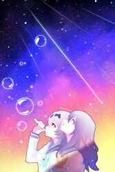 2girls :o black_hairband blowing_bubbles bow bowtie electronduck firefly_(honkai:_star_rail) firefly_(spring_missive)_(honkai:_star_rail) green_bow green_bowtie grey_hair grey_sailor_collar hair_between_eyes hair_intakes hairband highres honkai:_star_rail honkai_(series) long_sleeves looking_up multiple_girls open_mouth orange_bow orange_bowtie sailor_collar shirt shooting_star sky star_(sky) starry_sky stelle_(honkai:_star_rail) trailblazer_(honkai:_star_rail) twitter_username white_shirt white_sleeves yellow_eyes