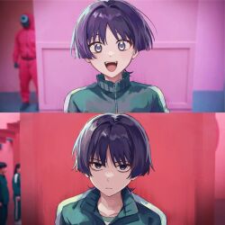 1boy alternate_costume blunt_ends blush collarbone contemporary eyeliner eyeshadow genshin_impact glaring green_track_suit green_trim hair_intakes happy highres makeup meme open_mouth parody partially_unzipped purple_eyes purple_hair red_eyeliner red_eyeshadow scaramouche_(genshin_impact) split_screen squid_game tareme teeth time_lapse tokonatts tongue track_suit tsurime upper_teeth_only white_trim white_undershirt year_1_&amp;_year_2_(squid_game)_(meme)