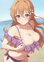 Rule 34 | 1girl, bare shoulders, bikini, blue sky, blurry, blurry background, blush, breasts, cleavage, closed mouth, commentary, day, frilled bikini top, hair between eyes, highres, konoe kanata, large breasts, long hair, looking at viewer, love live!, love live! nijigasaki high school idol club, navel, ocean, off-shoulder bikini, off shoulder, orange hair, outdoors, polka dot, polka dot bikini, purple bikini, purple eyes, side-tie bikini bottom, sky, solo, stomach, swimsuit, symbol-only commentary, toyasu aina