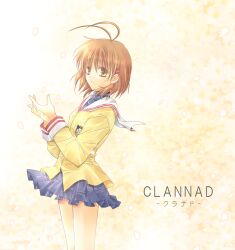 1girl 2000s_(style) antenna_hair blue_skirt brown_eyes brown_hair clannad closed_mouth commentary_request copyright_name cowboy_shot from_side furukawa_nagisa hair_ornament hairclip hikarizaka_private_high_school_uniform jacket long_sleeves min-mu miniskirt pleated_skirt sailor_collar school_uniform short_hair skirt solo standing white_sailor_collar yellow_background yellow_jacket