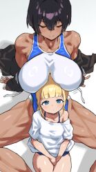 2girls blonde_hair blue_eyes blush breasts brown_hair competition_school_swimsuit dark-skinned_female dark_skin height_difference highres kei_(m_k) large_breasts long_hair m_k multiple_girls original rika_(m_k) school_swimsuit short_hair simple_background size_difference swimsuit tall_female tan tomboy yuri