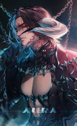 1boy absurdres armor au_ra brown_hair chain closed_mouth commentary_request final_fantasy final_fantasy_xiv gloves highres horns liz_gray looking_at_viewer male_focus monster_boy pectorals red_eyes scales short_hair smile solo warrior_of_light_(ff14)