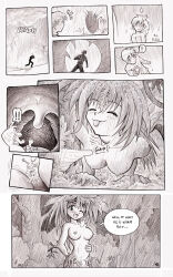 1boy 1girl breasts drayla felarya giant giantess highres karbo medium_breasts monochrome monster_girl nipples nude one_eye_closed plant_girl smile vore