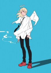 1boy absurdres angel black_necktie black_pants blonde_hair blue_background cigarette collared_shirt commentary_request full_body halo highres holding holding_cigarette male_focus medium_hair mele_ck necktie original pants red_eyes red_shoes shirt shoes smoke smoking sneakers solo standing white_shirt wings