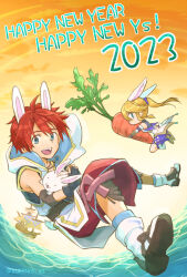 ._. 1boy 1girl :d adol_christin animal_ears blonde_hair blue_eyes boat braid carrot chibi cloud commentary_request copyright_name dated fake_animal_ears grey_eyes happy_new_year high_ponytail holding holding_carrot karja_balta leg_warmers new_year open_mouth orange_sky ponytail rabbit_ears red_hair red_shorts short_hair shorts single_braid sky smile teeth upper_teeth_only water watercraft white_rabbit_(animal) ys ys_x:_nordics yukihiro_ys