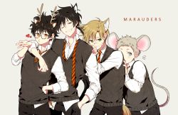 4boys animal_ears black_hair brown_hair cat_boy cat_ears glasses grin harry_potter_(series) highres james_potter male_focus mouse_(animal) mouse_ears multiple_boys peter_pettigrew remus_lupin school_uniform short_hair sirius_black smile tail wizarding_world