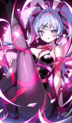 1girl :3 :q absurdres ahoge animal_ears ass bare_shoulders black_leotard black_pantyhose blue_eyes blue_hair blush bow bowtie breasts closed_mouth commentary_request cutout_above_navel detached_collar fake_animal_ears fishnet_pantyhose fishnets hair_intakes hair_ornament hatsune_miku heart heart-shaped_pupils heart_ahoge highres large_breasts leg_up legs leotard long_hair looking_at_viewer multicolored_hair nyaruin pantyhose pink_bow pink_bowtie pink_hair pink_ribbon playboy_bunny rabbit_ears rabbit_hole_(vocaloid) ribbon smile solo streaked_hair symbol-shaped_pupils teardrop_facial_mark thighs tongue tongue_out twintails vocaloid x_hair_ornament