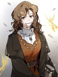 Rule 34 | 1girl, belt, black gloves, braces, brown belt, brown hair, coat, creature, dress, fairy, gloves, gradient background, grey background, grey coat, highres, holding, holding jar, jar, jewelry, long hair, looking at viewer, necklace, parted lips, purple eyes, red dress, reverse:1999, salmonknko, shirt, solo, tooth fairy (reverse:1999), tooth necklace, upper body, white background, white shirt