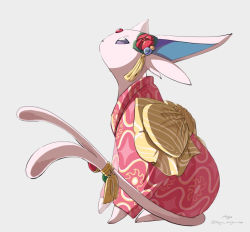 clothed_pokemon commentary_request espeon espeon_(pokebuki) flower forked_tail from_side gen_2_pokemon grey_background japanese_clothes kimono looking_up mogu_(mogu_mogu_um) nintendo no_humans pink_kimono pokemon pokemon_(creature) pokemon_unite purple_eyes red_flower signature solo tail