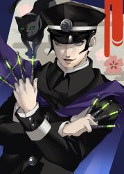 1boy black_cat black_hair black_hat cape cat devil_summoner:_raidou_kuzunoha_vs_the_soulless_army devil_summoner_(series) gakuran gouto grey_eyes hat highres holding kuzunoha_raidou looking_at_viewer male_focus peaked_cap pertex_777 purple_cape school_uniform short_hair sideburns smirk solo upper_body