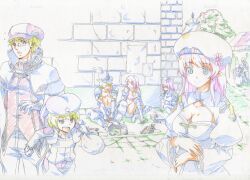 Rule 34 | 4boys, 4girls, arch bishop (ragnarok online), beret, biretta, blue dress, blue eyes, book, breasts, newsboy cap, cleavage, cleavage cutout, closed mouth, clothing cutout, commentary request, cross, crystal, dress, flower, gloves, grey eyes, hat, hat flower, hat ornament, holding, holding sack, jacket, juliet sleeves, long hair, long sleeves, looking at another, looking to the side, mechanic (ragnarok online), medium breasts, merchant (ragnarok online), mori shin risuku, multiple boys, multiple girls, open mouth, outdoors, pants, pink flower, pink hair, plume, pointy ears, potion, priest (ragnarok online), puffy sleeves, ragnarok online, red shirt, rogue (ragnarok online), sack, shako cap, shirt, short hair, sitting, skull hat ornament, smile, squatting, standing, star (symbol), star hat ornament, tam (ragnarok online), thief (ragnarok online), topless male, tree, two-tone dress, upper body, white dress, white hat, wizard (ragnarok online)