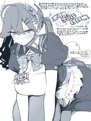 1girl ahoge apron blue_eyes blush bow bowtie breasts cleavage cleavage_cutout clothing_cutout collared_dress commentary_request cowboy_shot dress eyelashes frilled_apron frills frown gakuen_idolmaster greyscale hair_bow hair_ornament hairclip highres holding holding_tray idolmaster kaya_rinha large_breasts leaning_forward long_hair maid maid_headdress miniskirt monochrome name_tag pencil_dress puffy_short_sleeves puffy_sleeves short_dress short_sleeves sidelocks skirt solo spot_color sweatdrop translated tray tsurumi_kazane twintails wavy_hair