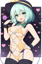 1girl :d black_garter_straps black_hat black_thighhighs breasts commentary_request eyeball garter_straps green_eyes green_hair hand_on_own_hip hat heart heart_background highres komeiji_koishi looking_at_viewer medium_breasts one-piece_swimsuit open_mouth rizento short_hair smile solo swimsuit thighhighs third_eye touhou yellow_one-piece_swimsuit