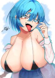 1girl areola_slip bare_shoulders black_bra blue_eyes blue_hair blue_skirt bra breasts heterochromia highres huge_breasts kaitojaja19980520 long_eyelashes long_sleeves open_mouth red_eyes short_hair skirt smile solo tatara_kogasa tongue tongue_out touhou underwear