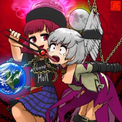 2girls angel_wings armbinder bdsm bondage bound bound_arms bow bowtie brooch chain clothes_writing collar earth_(ornament) femdom hecatia_lapislazuli hook jacket jewelry kishin_sagume leg_belt moon_(ornament) multicolored_skirt multiple_girls ninniku_(ninnniku105) red_hair restrained shirt single_wing skirt smile t-shirt tears tongs tongue tongue_out torn_clothes torture touhou wings