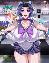 1girl animal_print beelzebub_(azazel-san) bikini bikini_top_only blurry blurry_background blush boots bow breasts butterfly_hair_ornament choker cleavage convention cosplay covered_erect_nipples covered_navel cowboy_shot flying gloves green_hair hair_ornament hands_on_own_hips hat hatsune_miku highres horns huge_breasts indoors kimetsu_no_yaiba kochou_shinobu legs leotard light_blush looking_at_viewer lum matching_hair/eyes nagato_yuki nose_blush open_mouth paper puripuri_jet purple_eyes purple_hair sakuma_rinko sidelocks skirt standing suzumiya_haruhi_no_yuuutsu swimsuit teeth thighs tiger_print twintails two_side_up upper_teeth_only urusei_yatsura vocaloid white_gloves white_leotard yondemasu_yo_azazel-san.
