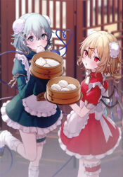 2girls :o absurdres alternate_costume apron bamboo_steamer blonde_hair blush bun_cover double_bun dress enmaided flandre_scarlet food frilled_thigh_strap green_dress green_eyes green_hair hair_bun hair_ornament heart heart_of_string highres hiwokawa holding holding_tray juliet_sleeves komeiji_koishi leg_up leg_warmers long_pointy_ears long_sleeves looking_at_viewer maid maid_apron mouth_hold multiple_girls panda_hair_ornament pointy_ears puffy_sleeves qi_maid red_dress red_eyes scan short_hair short_sleeves sleeves_past_fingers sleeves_past_wrists smile standing standing_on_one_leg steamed_bun thigh_strap third-party_source third_eye touhou tray white_leg_warmers wings x_hair_ornament