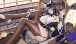 1girl absurdres animal_ear_fluff animal_ears architecture azur_lane bare_shoulders black_hair black_thighhighs boat breasts cleavage east_asian_architecture facial_mark flower fox_ears garter_straps gloves hair_flower hair_ornament highres japanese_clothes kimono lantern large_breasts long_hair looking_at_viewer maid maid_headdress manjuu_(azur_lane) musashi_(azur_lane) musashi_(violet_moonglow)_(azur_lane) nail_polish official_alternate_costume paper_lantern solo stirrup_legwear thighhighs thighs toeless_legwear watercraft white_gloves yijiufantexi