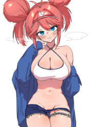 1girl :3 antenna_hair azur_lane blue_eyes blue_jacket blue_shorts blush breasts cleavage criss-cross_halter crop_top denim denim_shorts double_bun fumei_(pagamya) gallant_(azur_lane) gallant_(express-ive_delivery)_(azur_lane) groin hair_bun halterneck highres huge_breasts huge_hair_bun jacket looking_at_viewer navel official_alternate_costume pink_hair pussy pussy_peek short_shorts shorts simple_background solo stomach swept_bangs torn_clothes torn_shorts visor_cap white_background