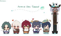 6+boys anemo_slime_(genshin_impact) black_hair blue_eyes blush chibi dark-skinned_male dark_skin full_body genshin_impact gradient_hair green_eyes green_hair grey_eyes grey_hair hat heart highres ifa_(genshin_impact) japanese_clothes kaedehara_kazuha male_focus multicolored_hair multiple_boys one_eye_closed open_mouth red_eyes red_hair scaramouche_(genshin_impact) shikanoin_heizou short_hair simple_background slime_(genshin_impact) smile unosavy venti_(genshin_impact) wanderer_(genshin_impact) white_background white_hair xiao_(genshin_impact)