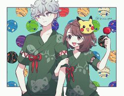 Rule 34 | 1boy, 1girl, :d, alternate costume, bede (pokemon), border, brown eyes, brown hair, candy apple, closed mouth, commentary request, curly hair, food, gen 1 pokemon, gloria (pokemon), green background, green shirt, grey hair, hair between eyes, hand up, highres, holding, locked arms, mask, mask on head, nintendo, open mouth, pikachu, pokemon, pokemon sv, pokemon swsh, purple eyes, shinogo no, shirt, short hair, short sleeves, smile, white border