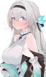 1girl aqua_ribbon bare_shoulders black_hairband black_jacket black_ribbon blue_pupils breasts firefly_(honkai:_star_rail) grey_hair grey_shirt hair_ornament hair_ribbon hairband highres honkai:_star_rail honkai_(series) jacket large_breasts long_hair looking_at_viewer mikozin purple_eyes ribbon shirt simple_background solo sweat two-tone_ribbon upper_body white_background