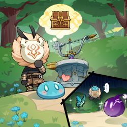 ... black_skin bug butterfly chibi colored_skin genshin_impact highres hilichurl_(genshin_impact) insect mask official_art outdoors slime_(creature) slime_(genshin_impact) treasure_chest tribal